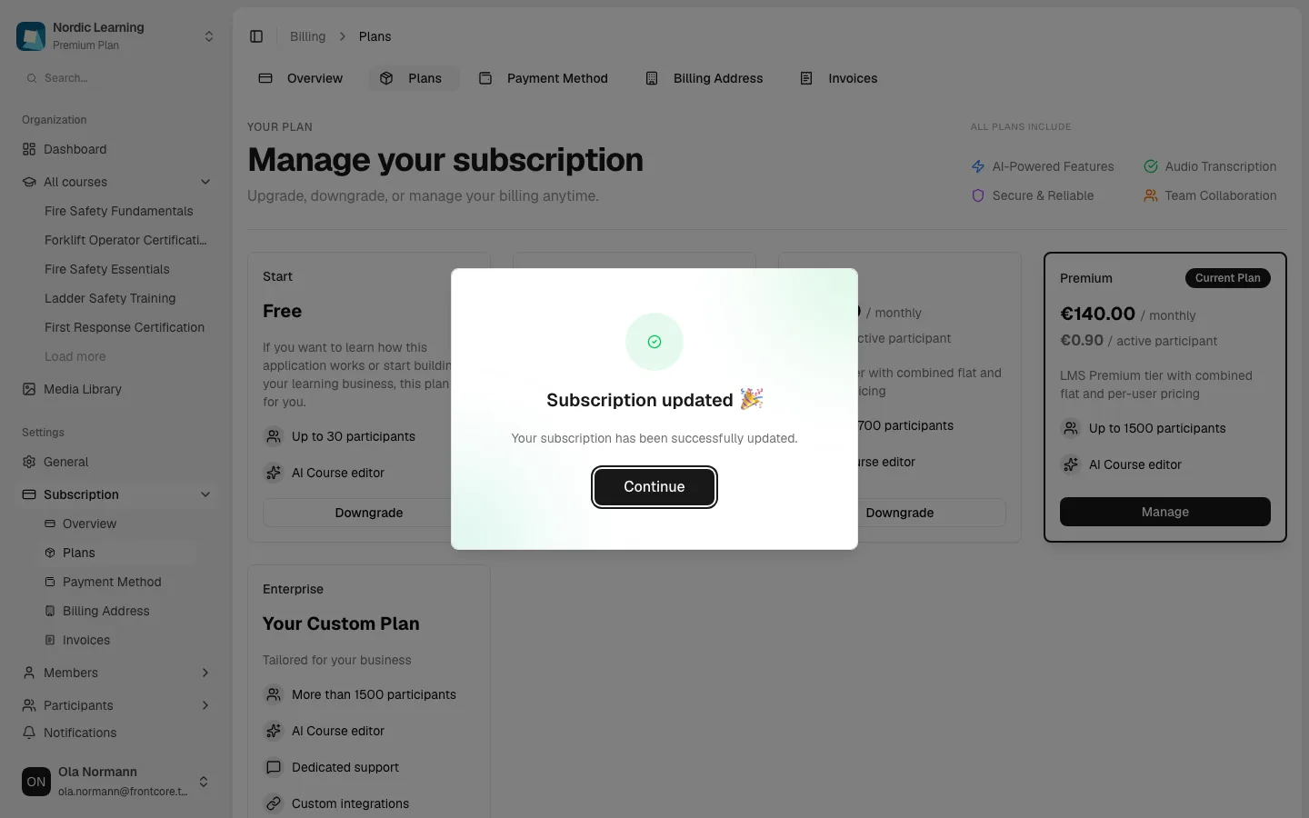 Billing Plans page with a confetti Subscription updated dialog and a Continue button, overlaid on the plan comparison grid