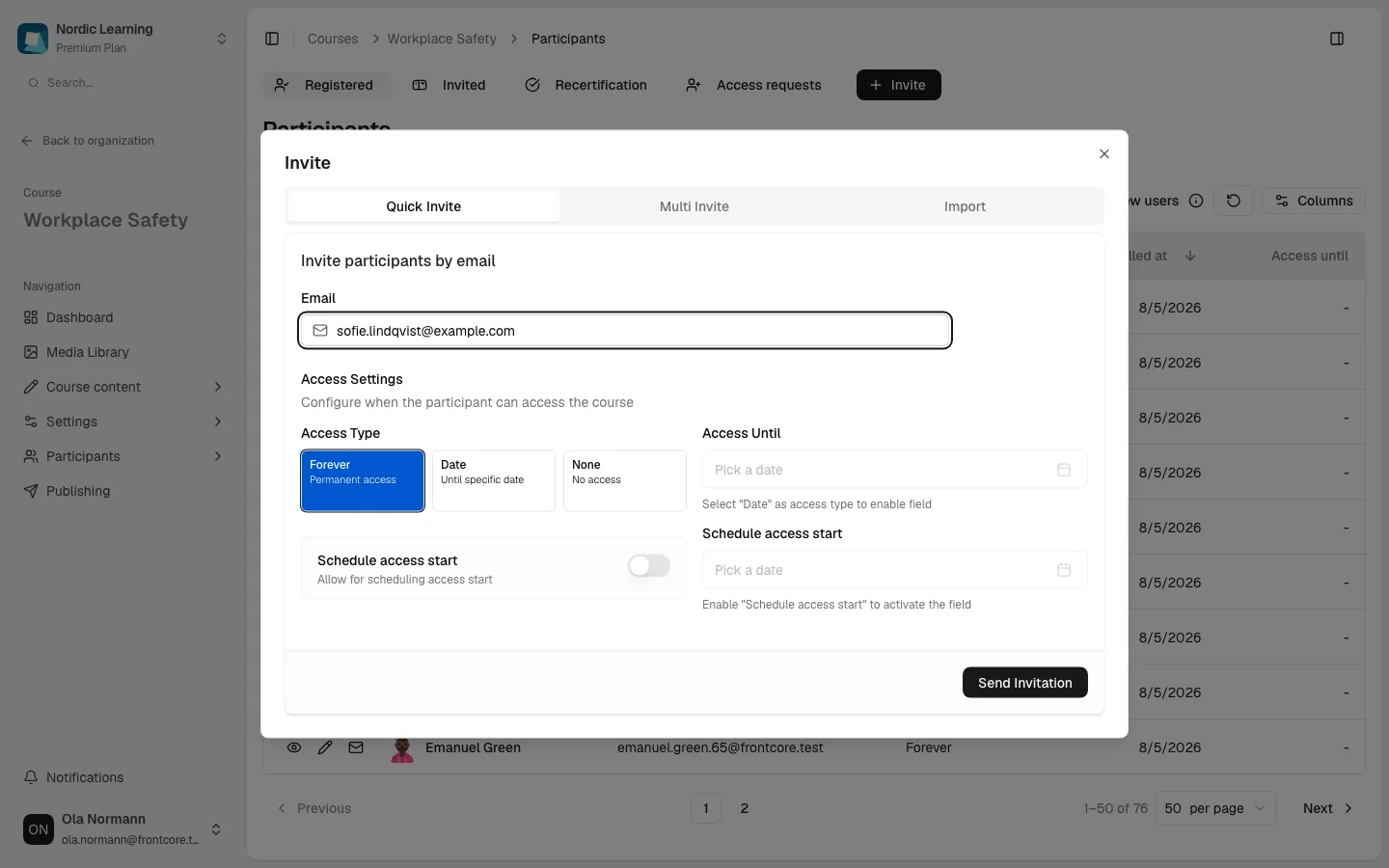 Invite dialog on the Quick Invite tab, with the Email field filled in and Access Type, Access Until, and Schedule access start controls below it