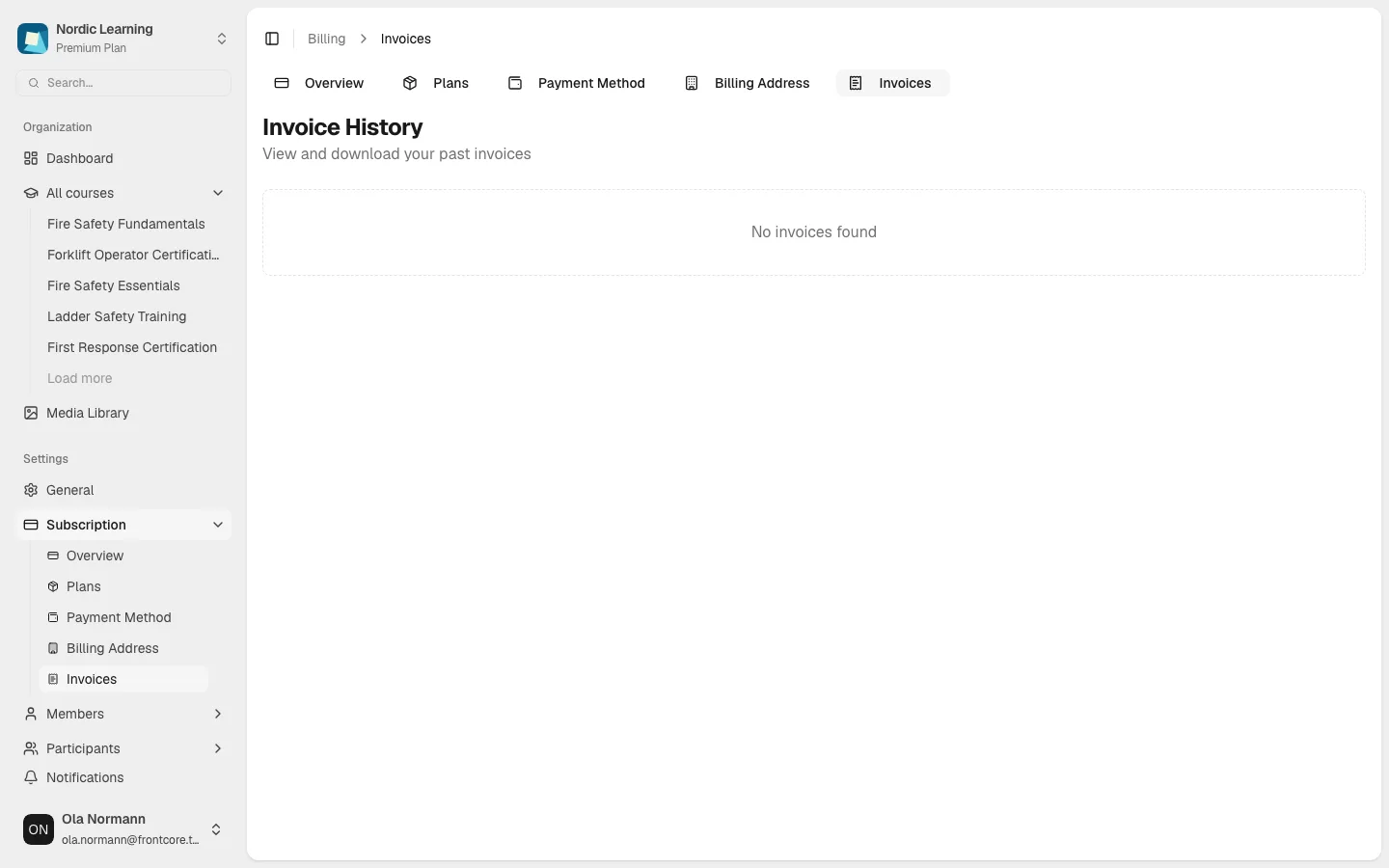Invoices page for the Nordic Learning organization: sidebar with Subscription > Invoices highlighted, the Overview/Plans/Payment Method/Billing Address/Invoices tab row with Invoices active, the "Invoice History" heading and "View and download your past invoices" subtitle, and a dashed "No invoices found" empty state
