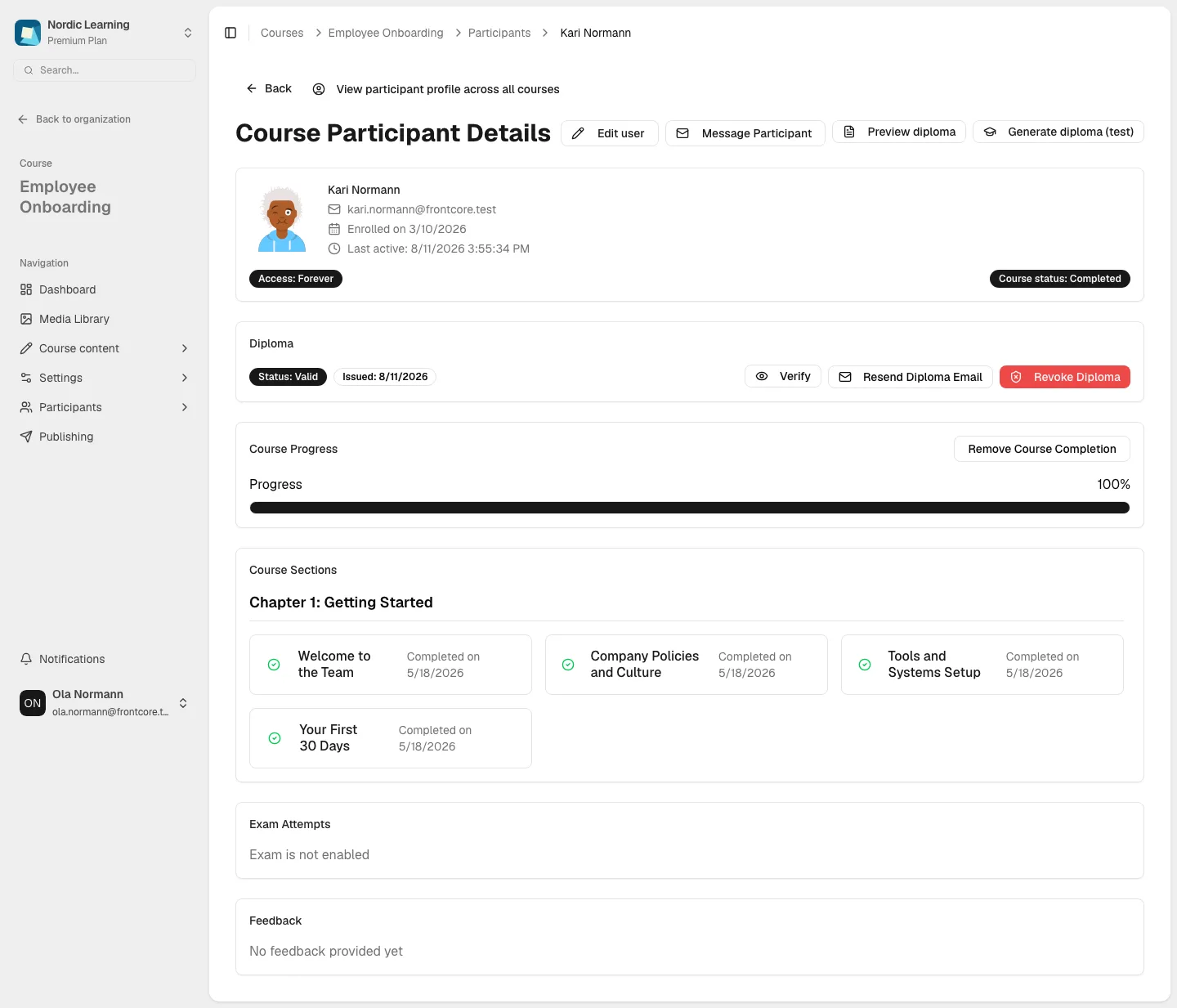 Kari Normann's participant detail page for Employee Onboarding: profile card, Diploma card (Valid), 100% Course Progress, Course Sections list, Exam Attempts, and Feedback