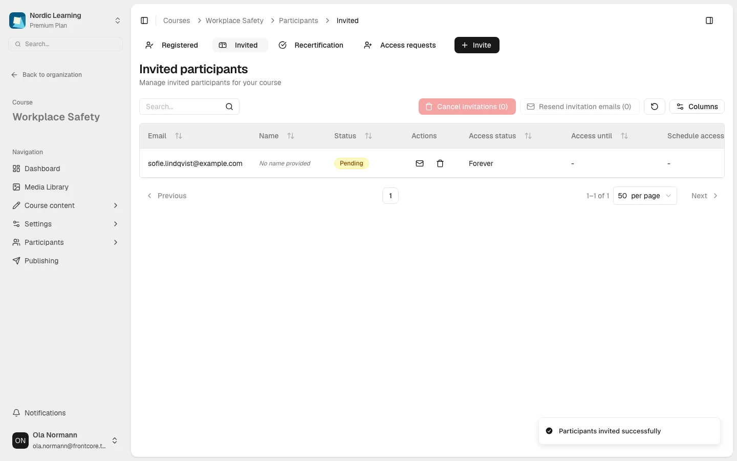 Invited tab after sending a Quick Invite, showing the new Pending row and a success toast