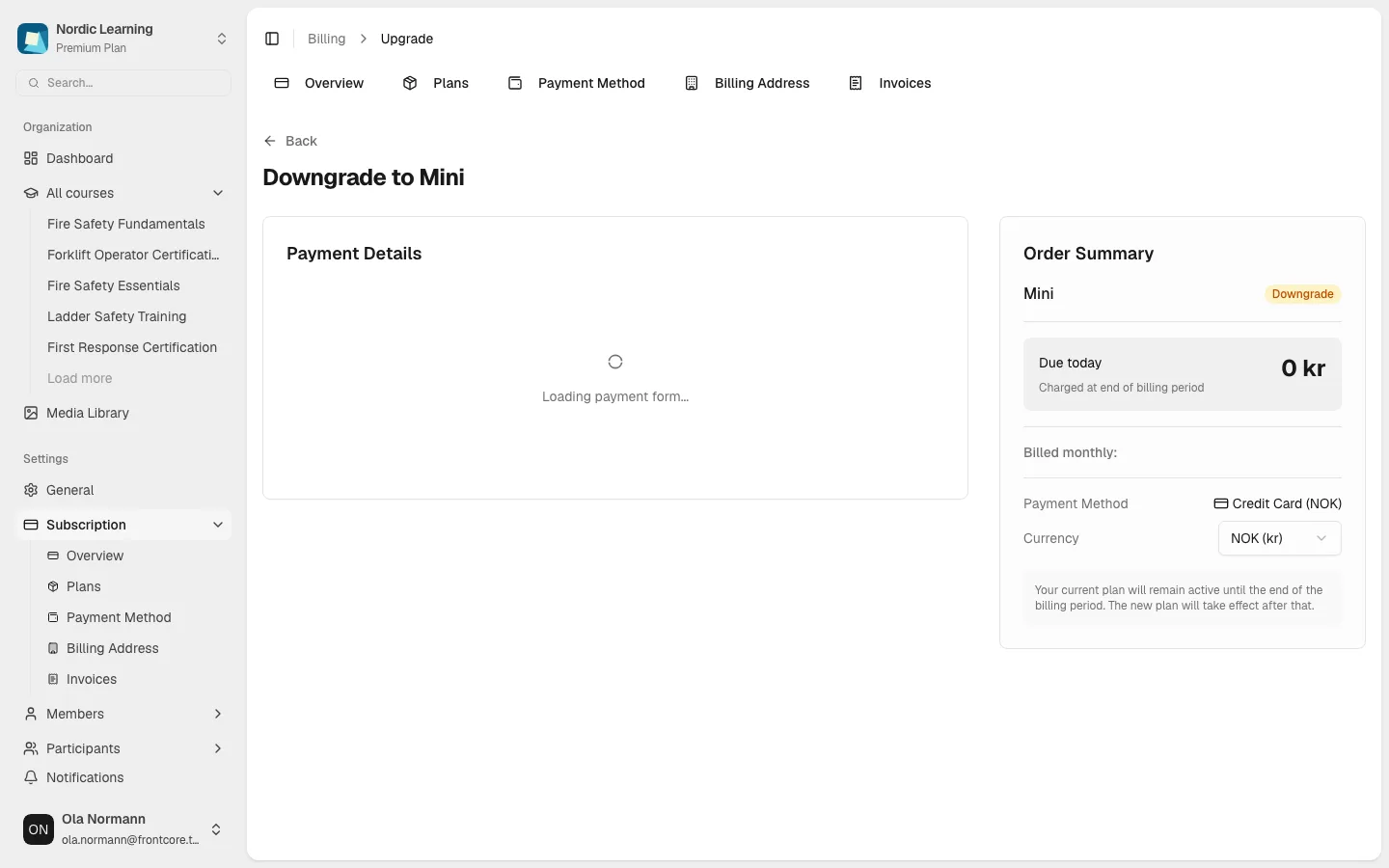 The subscription wizard's Order Summary panel — plan name, Due today, Payment Method, and Currency — next to a Payment Details panel
