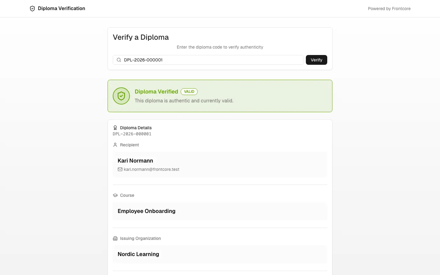 The public diploma verification page for the Employee Onboarding diploma, showing a green Diploma Verified banner and the diploma's details
