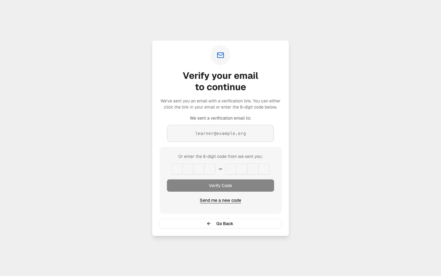 The same verify page for an address on an unrecognized domain — the Open Gmail shortcut is absent, only Go Back remains