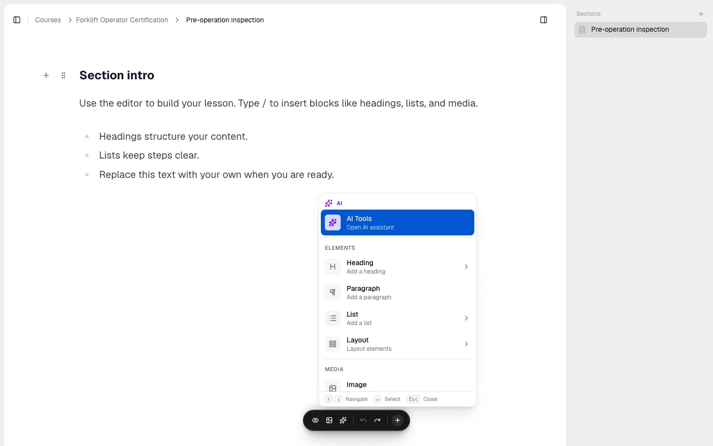 The add-content menu open over a section, showing the AI, Elements, and Media groups