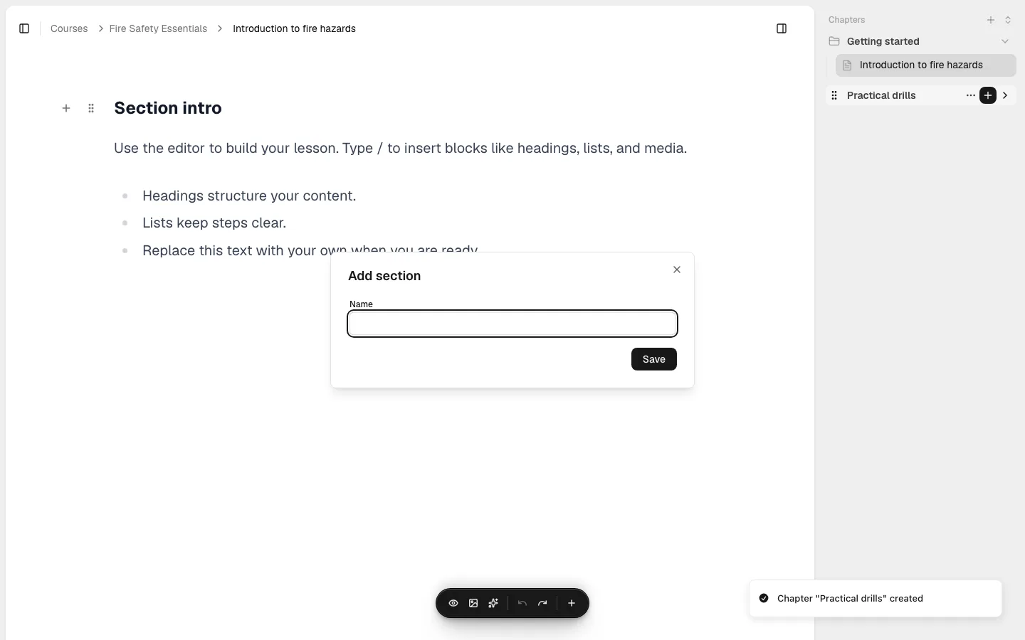 The Add section dialog, opened for the "Practical drills" chapter