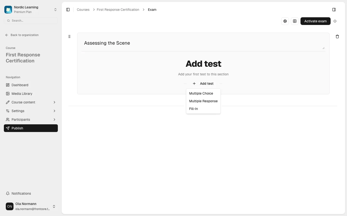 The "Add test" dropdown open inside a named exam section, listing Multiple Choice, Multiple Response, and Fill-In