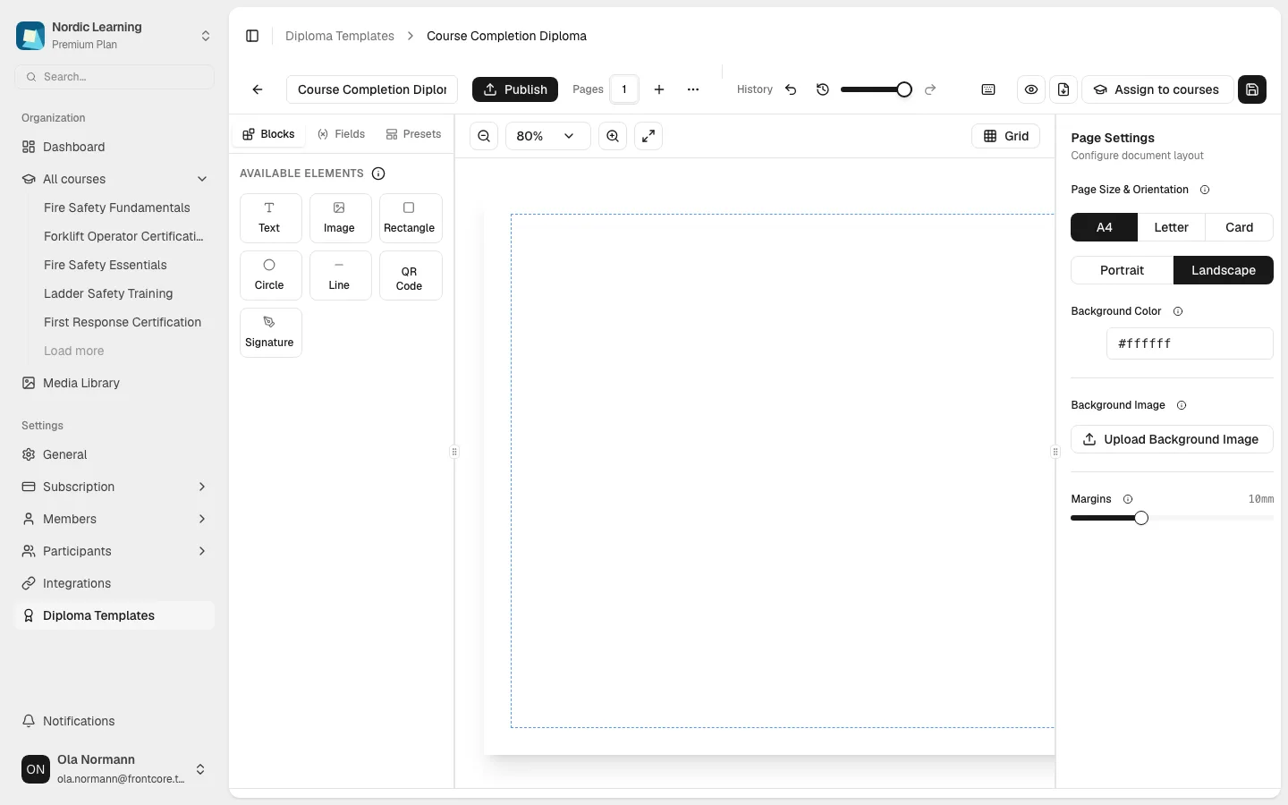 The diploma editor open on a new blank template: top bar, left sidebar on the Blocks tab, empty canvas, and the Page Settings inspector on the right