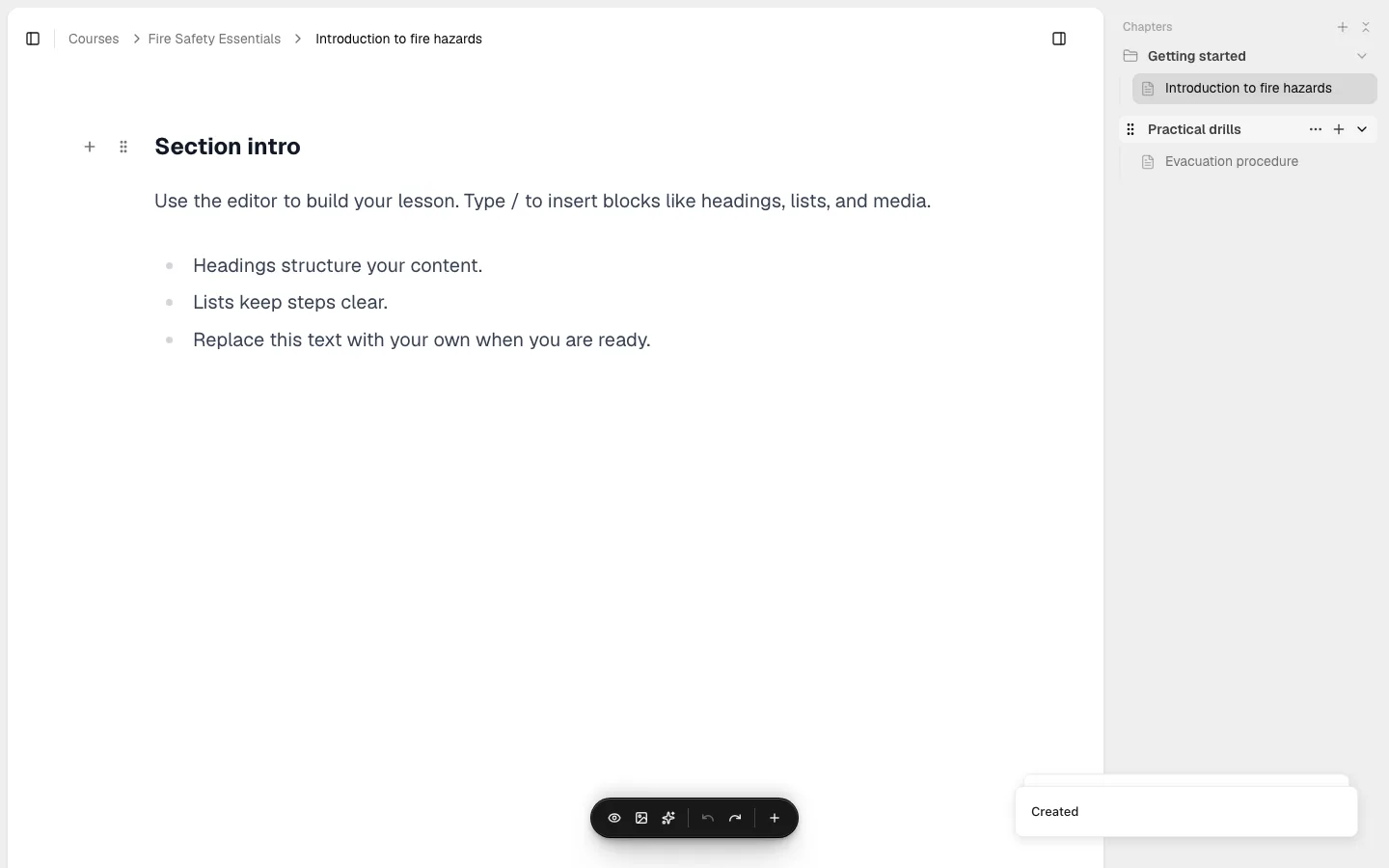 The sidebar content tree with two chapters, each expanded to show its section