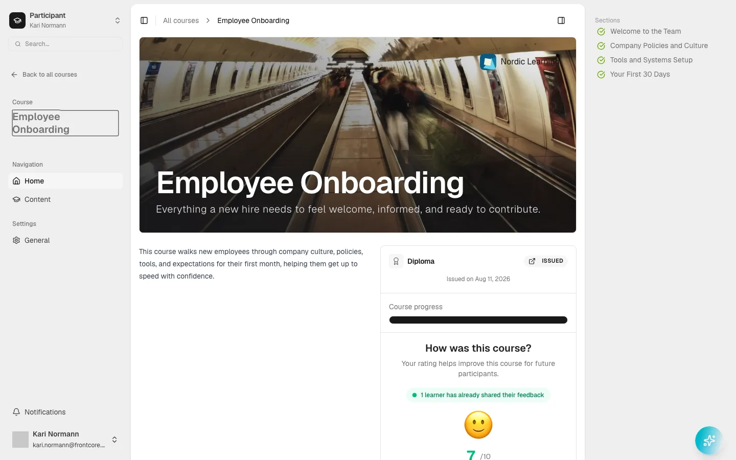 The Employee Onboarding course page, showing a full Course progress bar, all four sections checked off in the sidebar, and a Diploma panel marked Issued