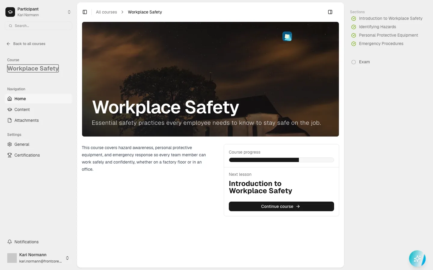 The Workplace Safety course page, showing the Course progress bar, a Continue course button, and a Sections list in the right sidebar with all four sections checked off and the Exam entry unlocked