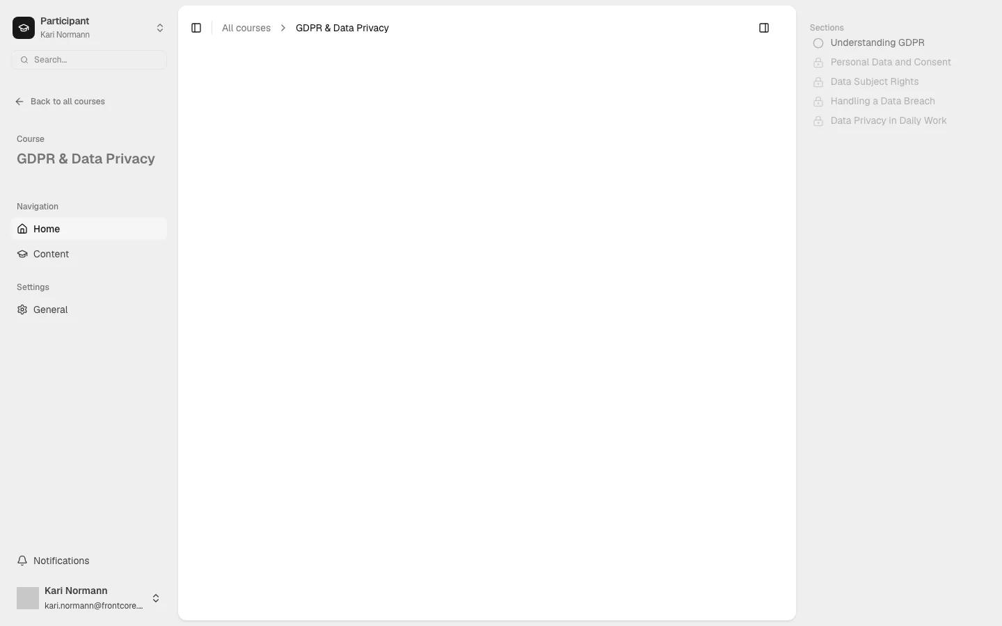The GDPR & Data Privacy course page after clicking through, showing the breadcrumb back to All courses and the course's section list in the sidebar