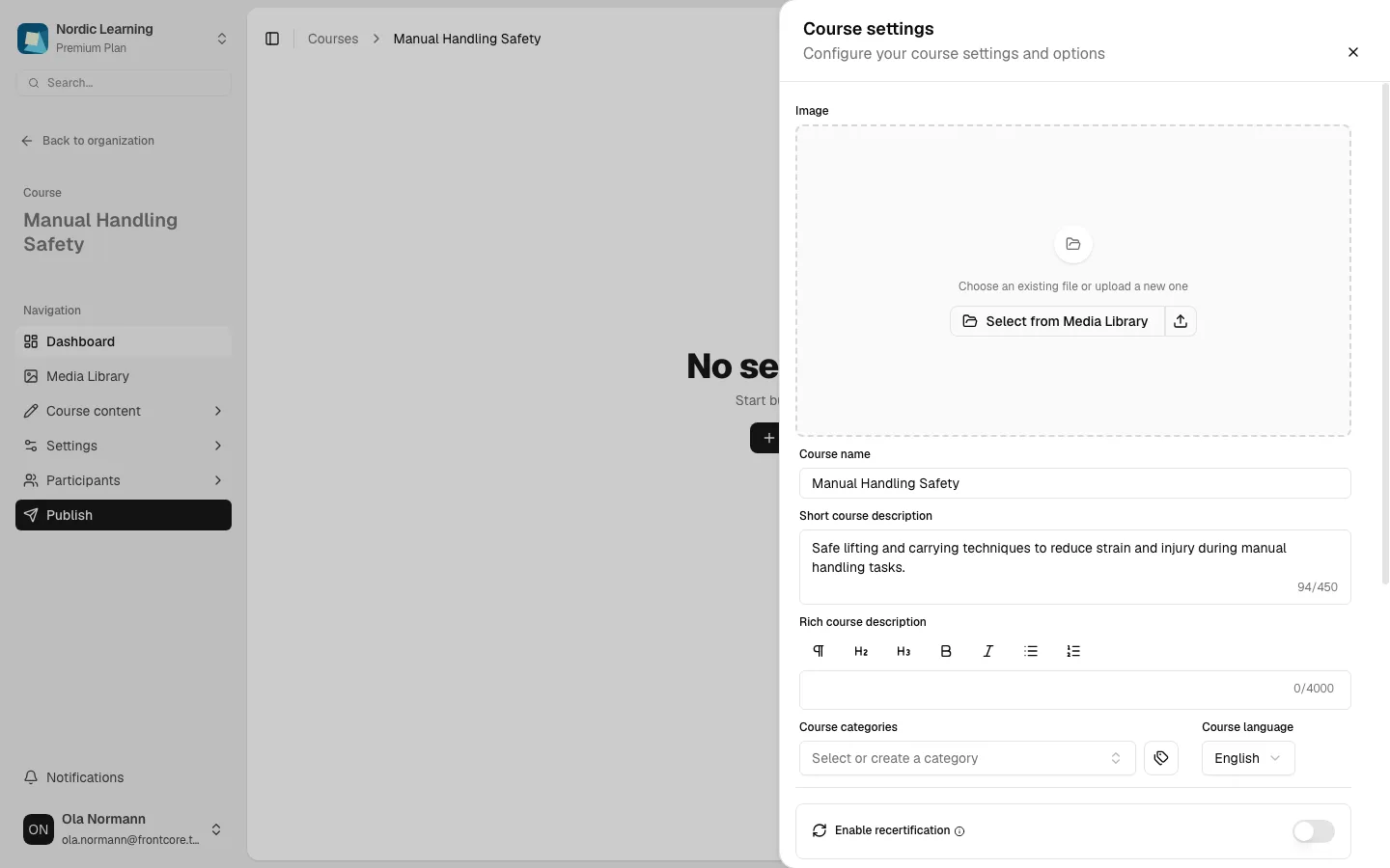 The Course settings drawer open over a course, showing the Image, Course name, and Short course description fields