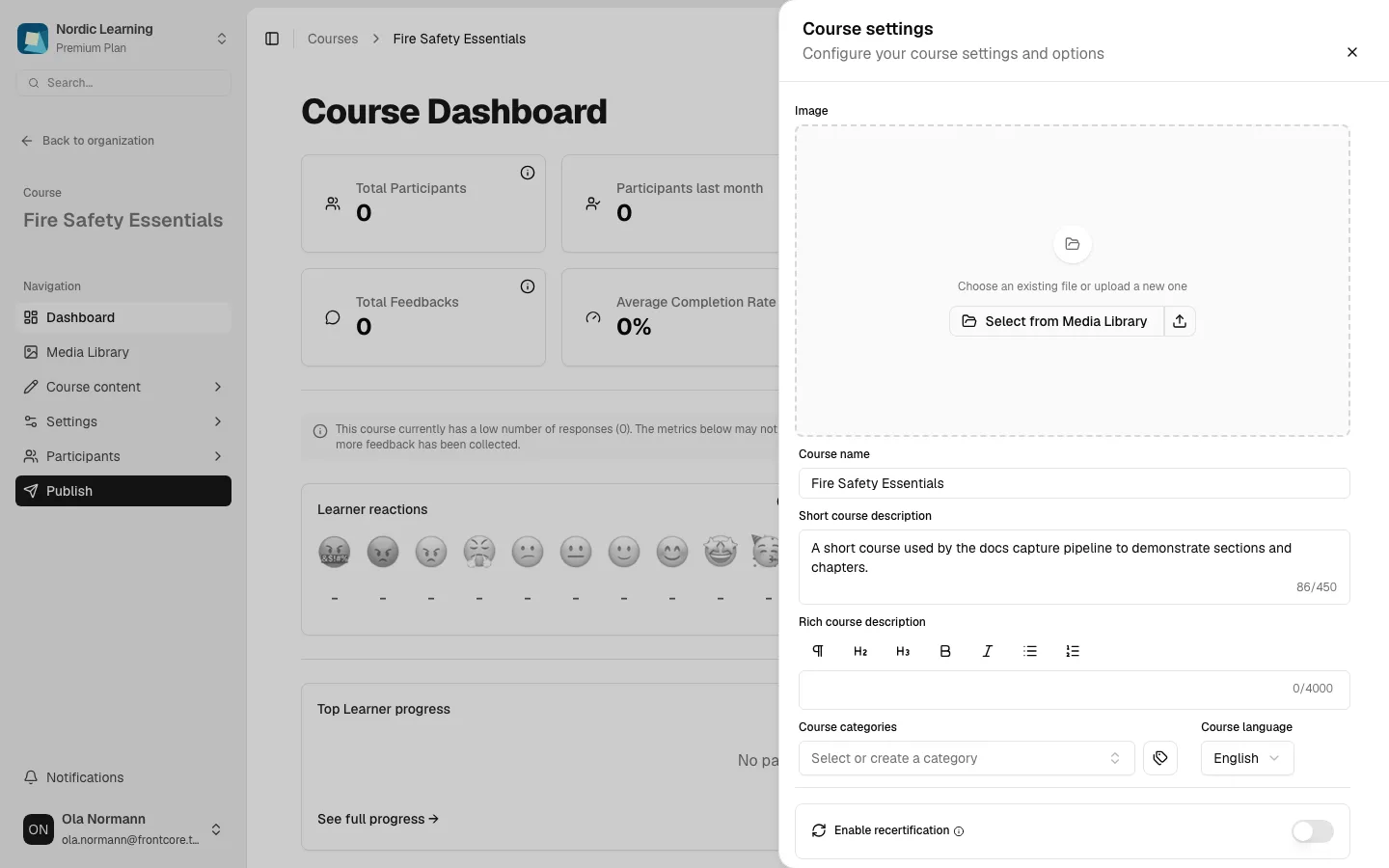 Course settings drawer open over the course dashboard, showing the cover image uploader, Course name, Short course description, and Rich course description fields