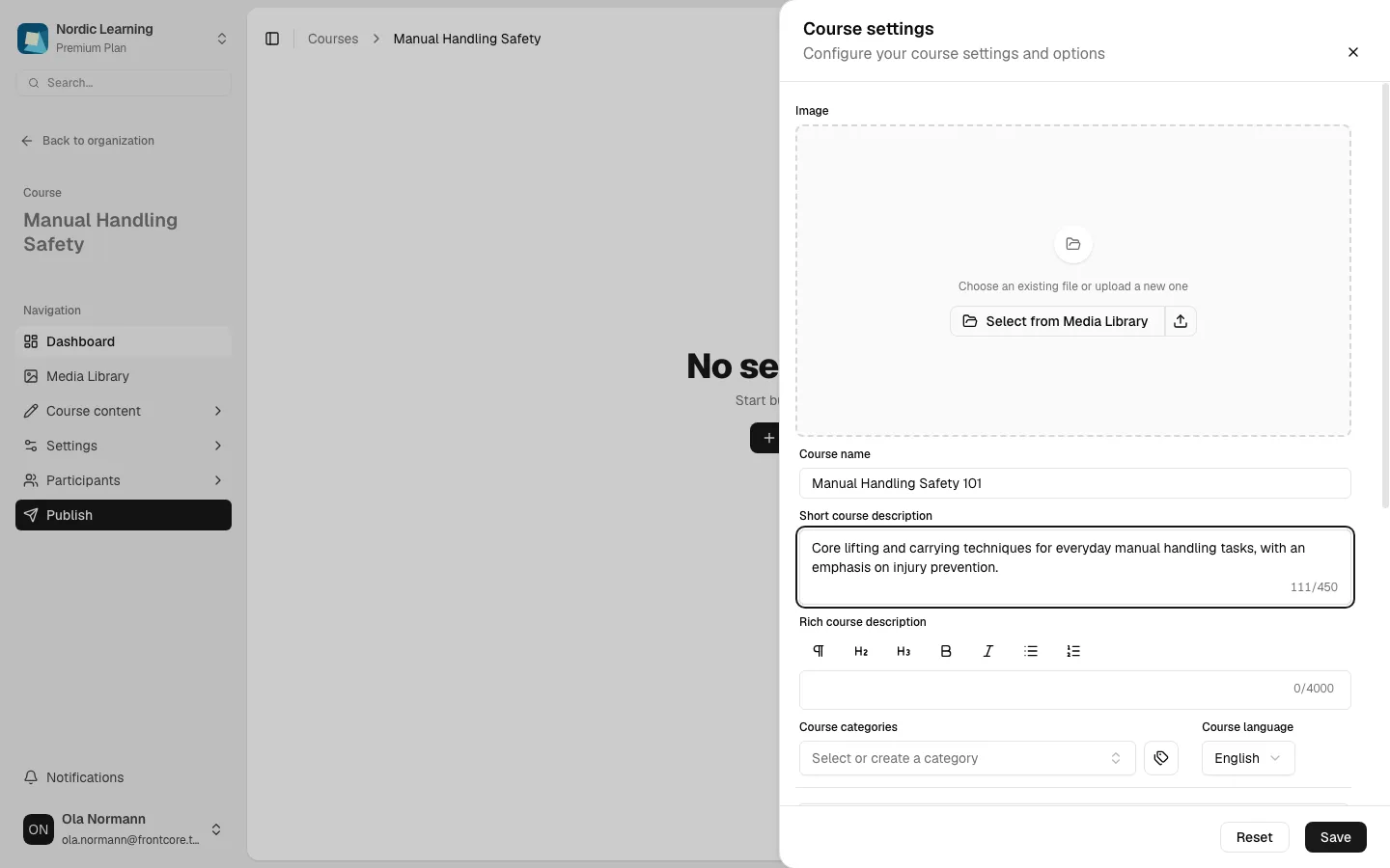 The drawer with an edited course name and short description, and the Reset/Save buttons now visible at the bottom