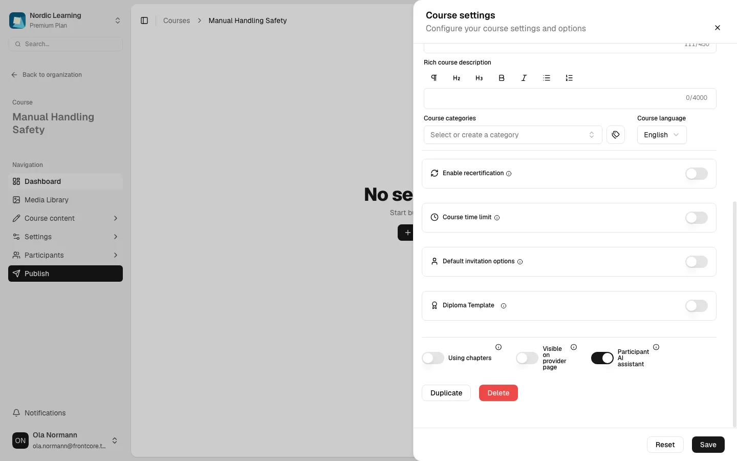 The toggle row showing Using chapters, Visible on provider page, and Participant AI assistant, with Reset/Save still visible from the earlier edits