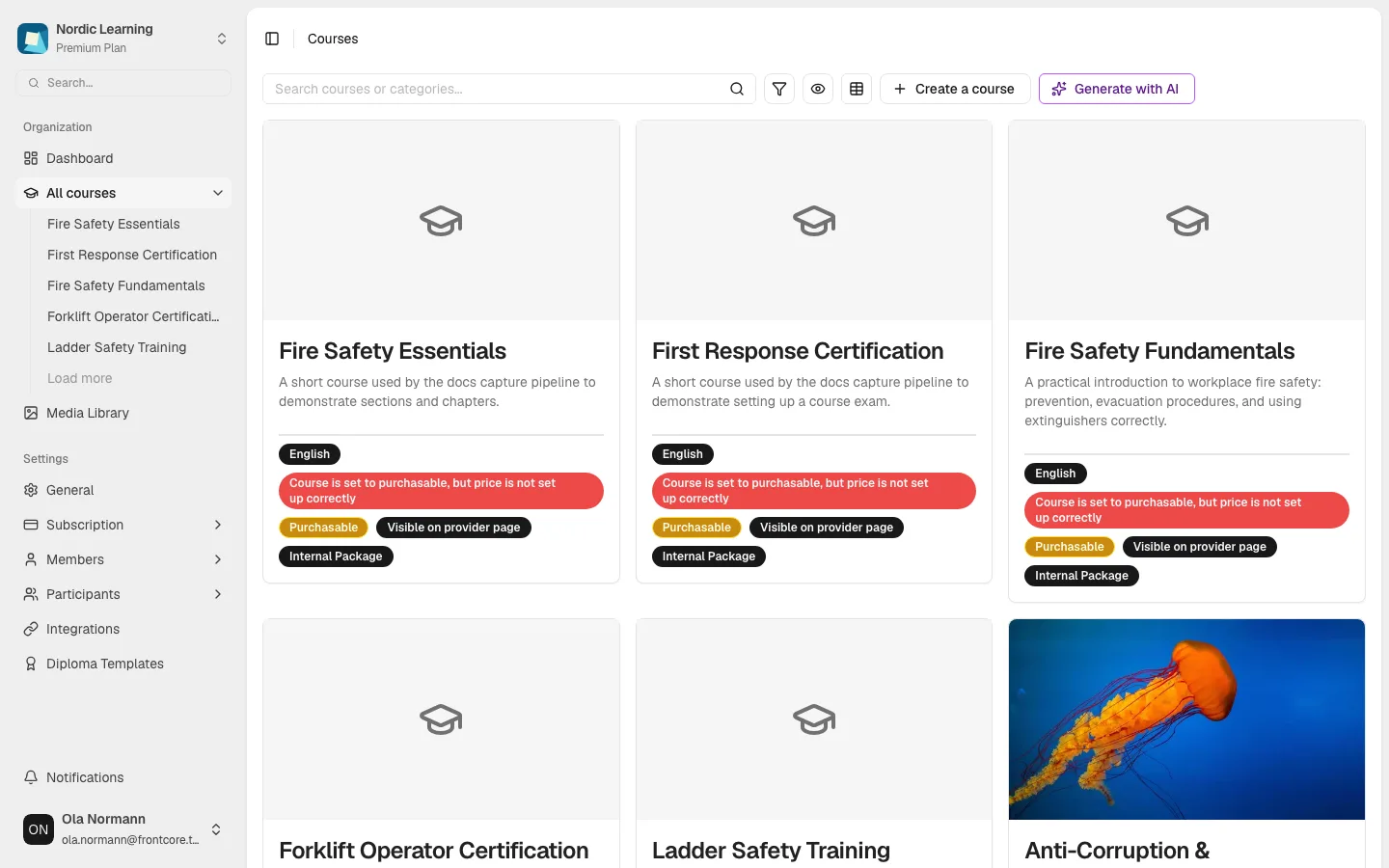 Organization courses list in grid view, with course cards and a Create a course button