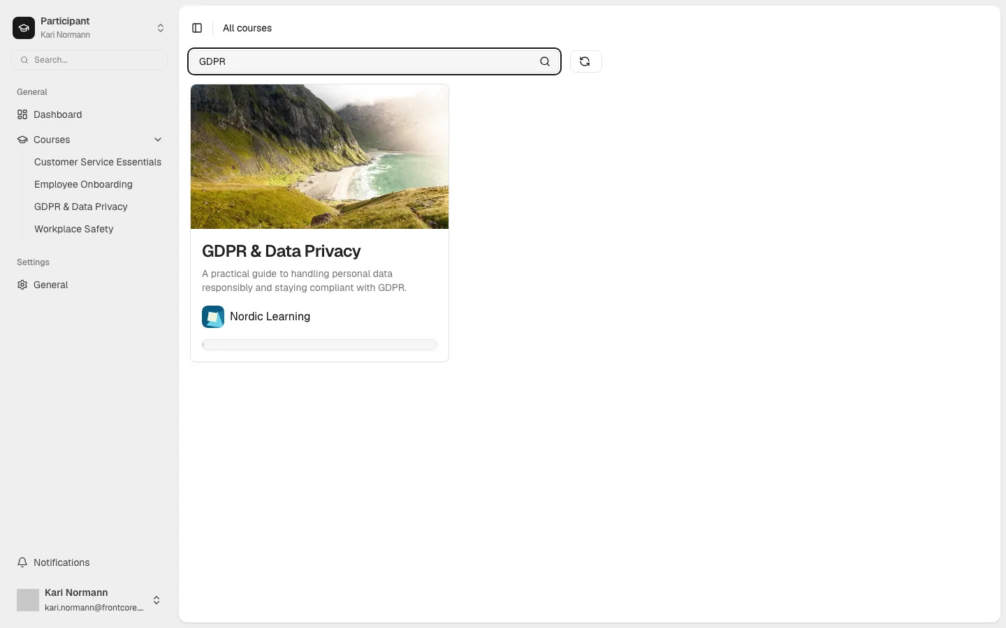 The All courses page filtered to "GDPR", showing a single matching course card for GDPR & Data Privacy
