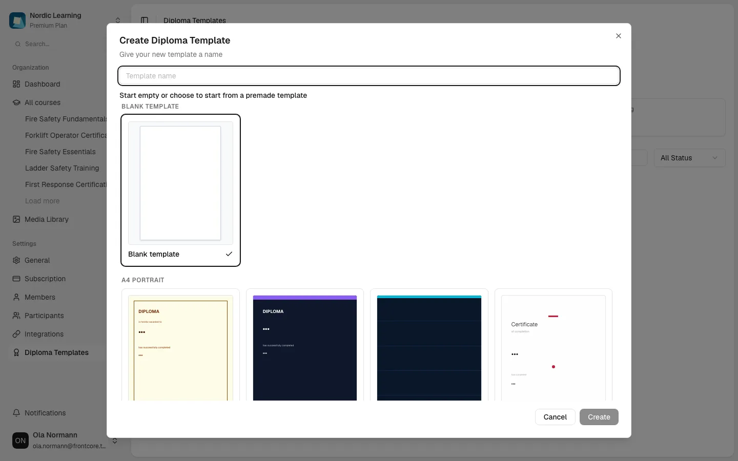 The Create Diploma Template dialog, with the Blank template card selected and a grid of preset designs below it