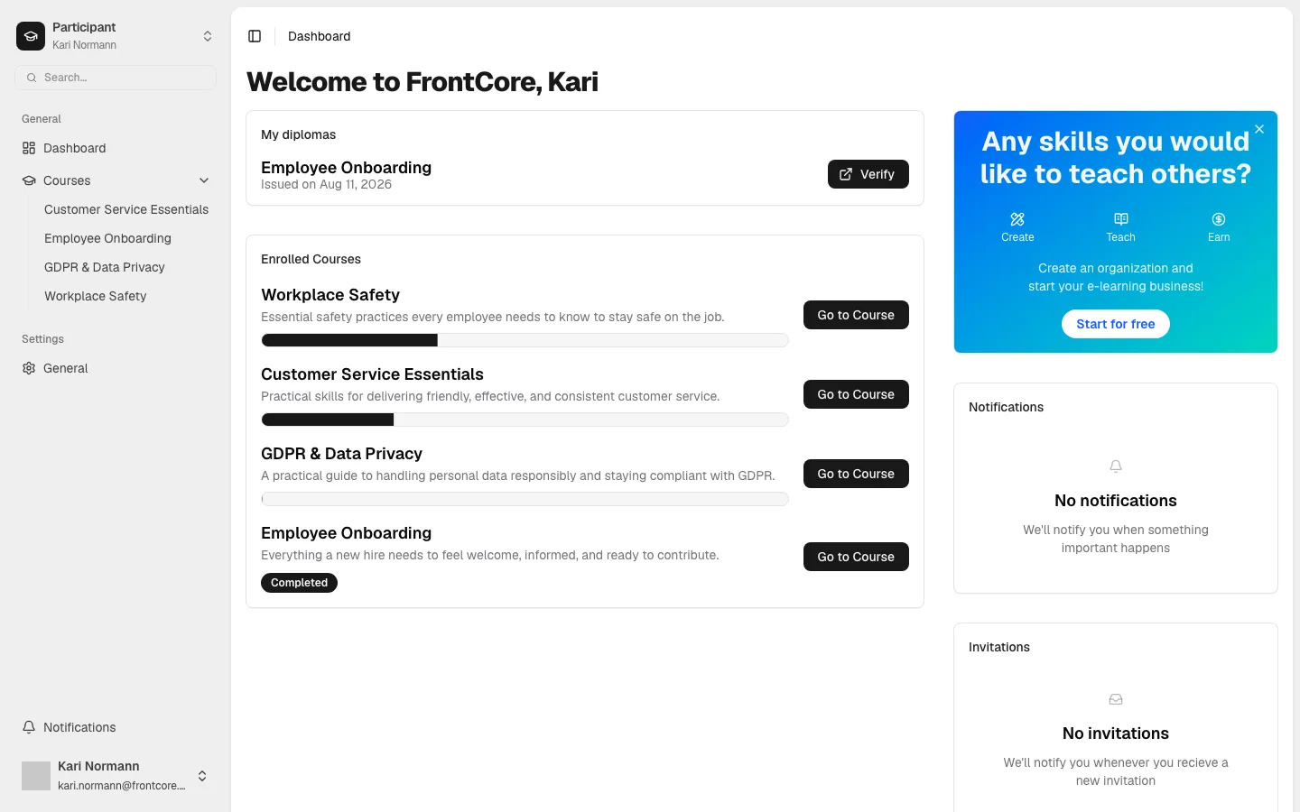 The Enrolled Courses card on the participant dashboard, listing four courses with progress bars and Go to Course buttons