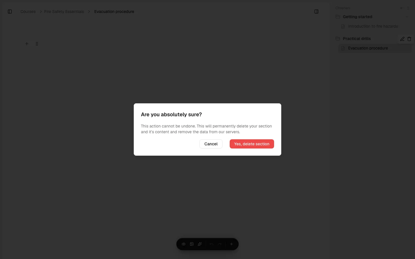 The delete-section confirmation dialog