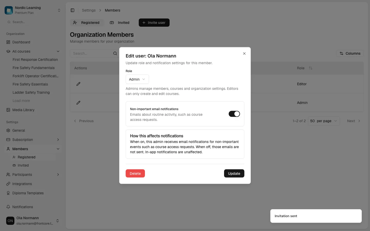 Edit user dialog for a member, with Role set to Admin and the notification switch visible