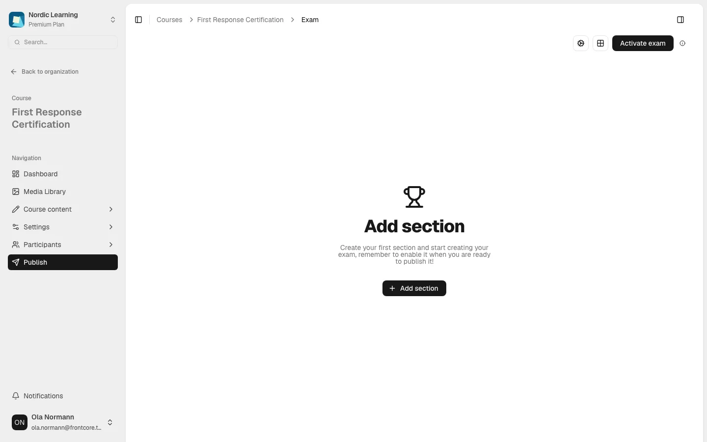 The exam builder for a new course, showing the "Add section" empty state with a trophy icon and an Add section button