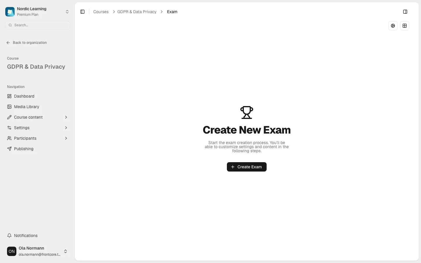 The "Create New Exam" empty state: a trophy icon, the heading, a short description, and a Create Exam button