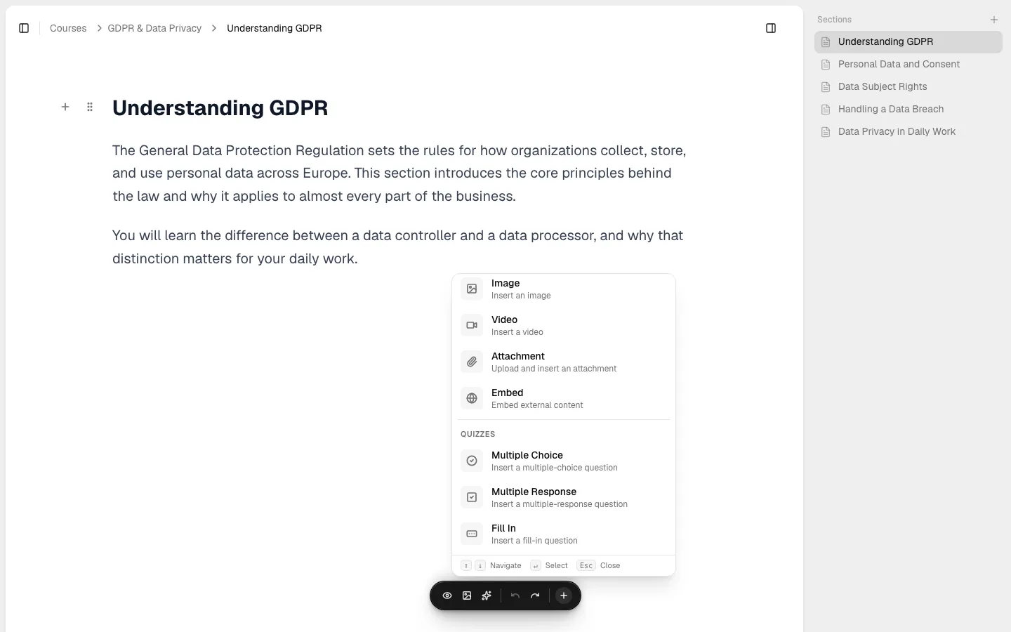 The add-content menu open in a section, scrolled to the Quizzes group showing Multiple Choice, Multiple Response, and Fill In