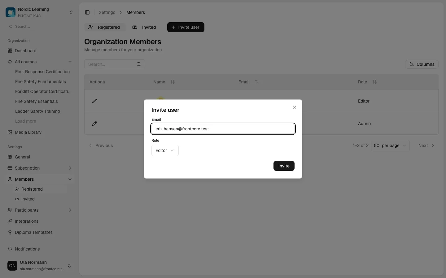 Invite user dialog with an email address filled in and Role set to Editor
