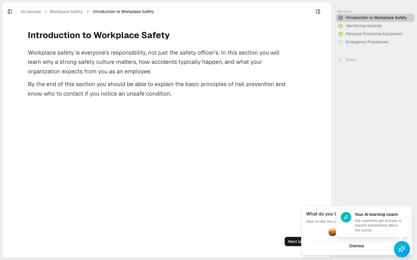 The Introduction to Workplace Safety section reopened after selecting it directly in the right Sections panel, which now highlights it as the current section