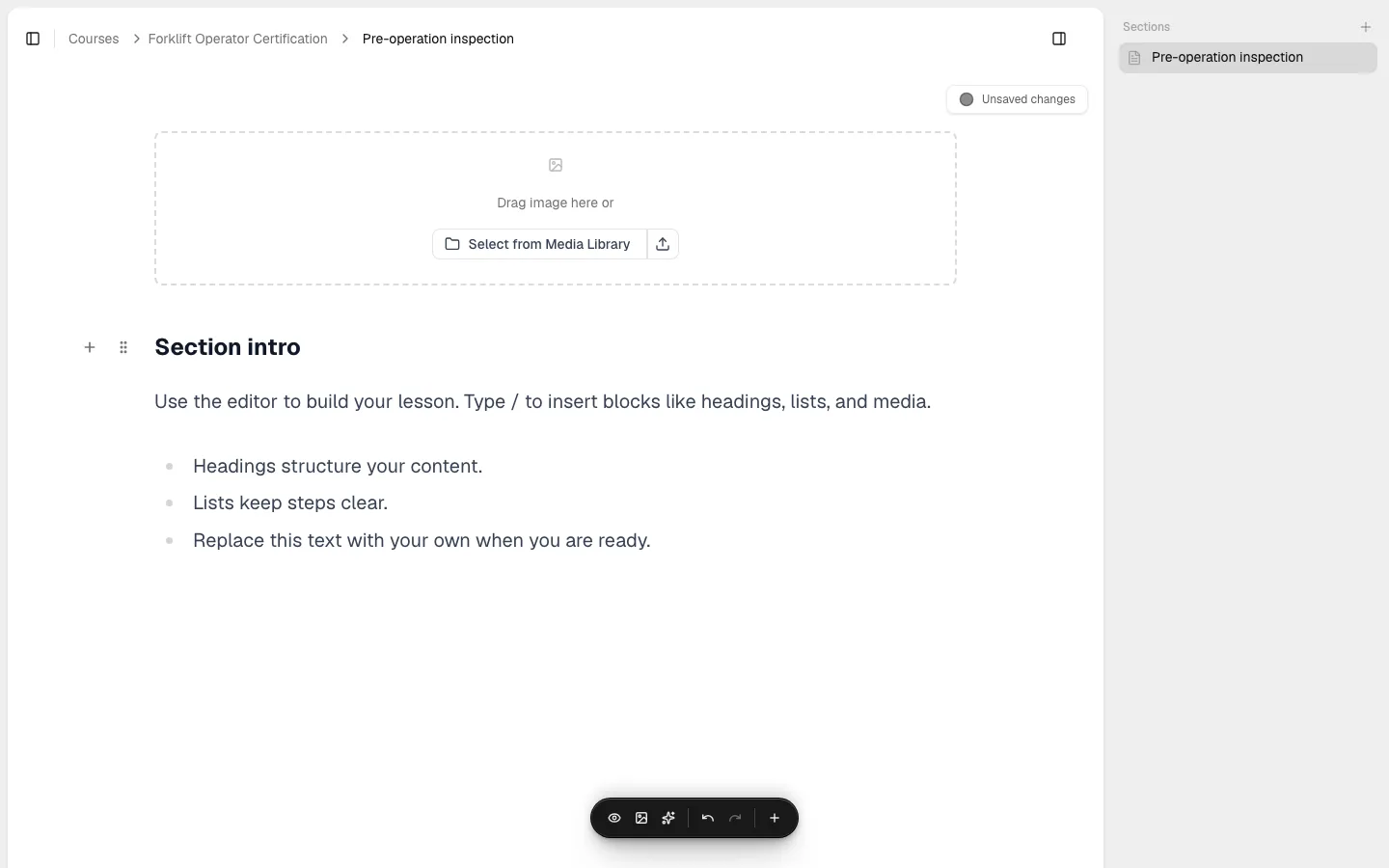 An Image block placeholder showing "Drag image here or Select from Media Library", with an upload icon next to it