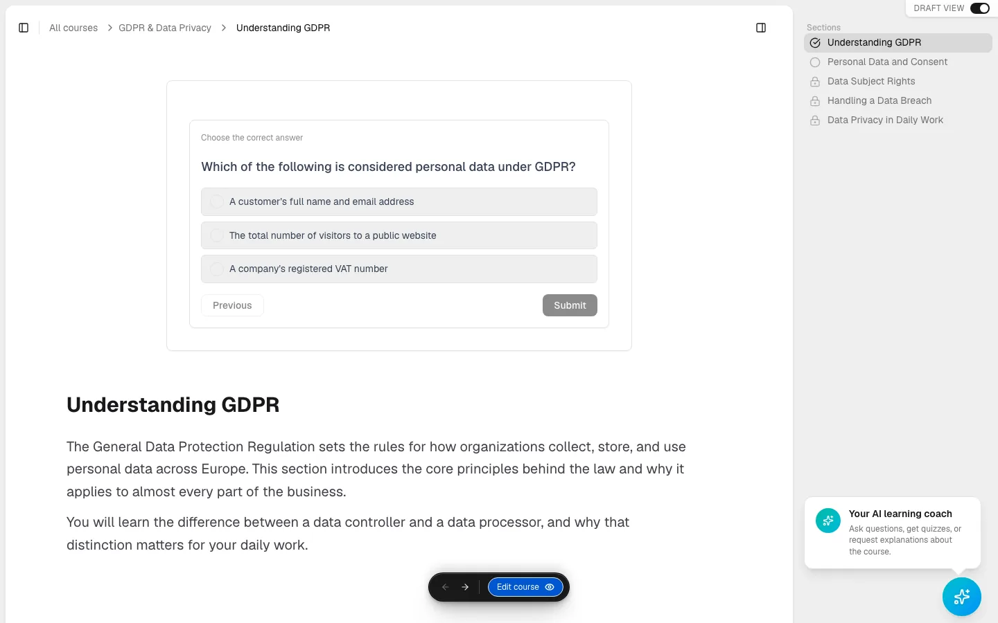 The section's participant preview in Draft view, showing the Multiple Choice question with the "Choose the correct answer" card tag and three unselected options