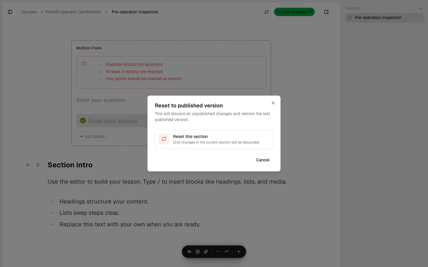 The Reset to published version dialog with a "Reset this section" option