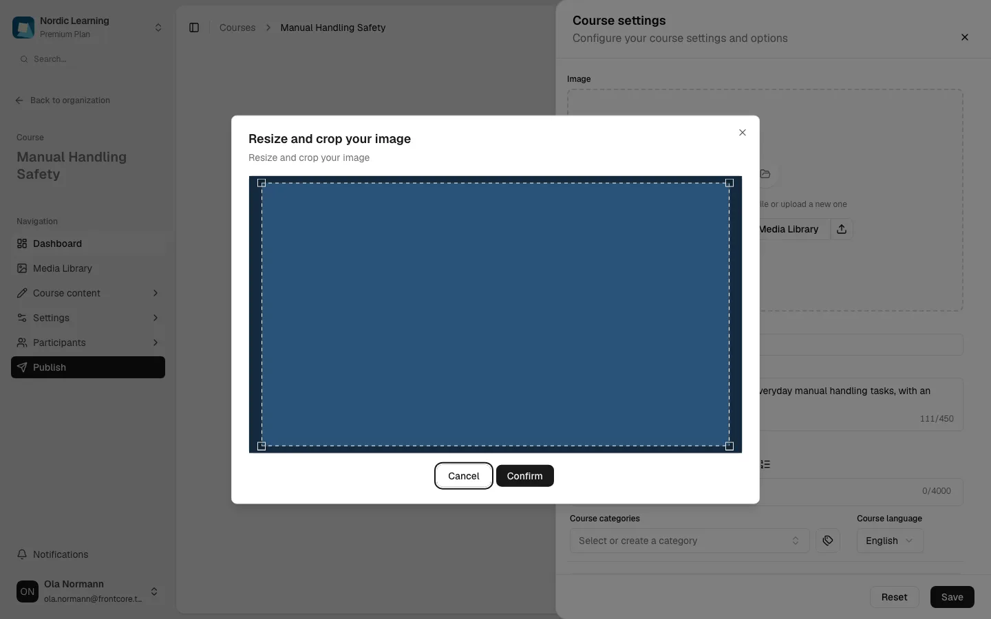 The "Resize and crop your image" dialog with a 16:9 crop area over a locally selected image