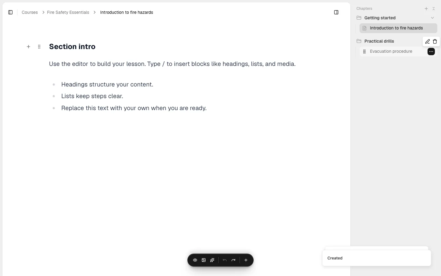 The actions menu open for a section, showing edit and delete icons