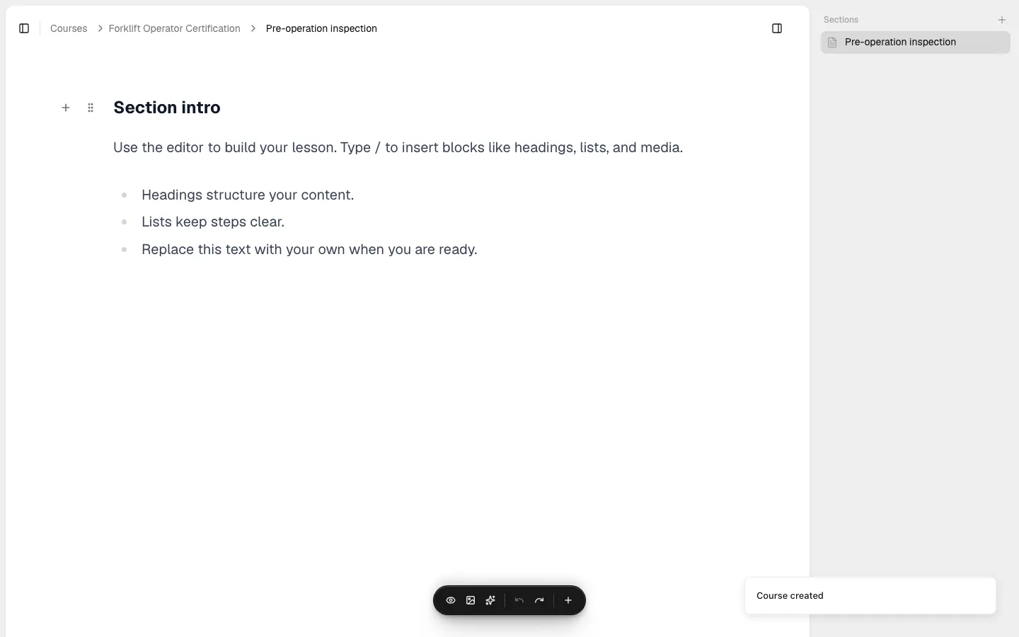 A section editor showing a course's first section with its starter content, and the floating toolbar